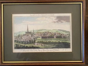 1760 SALISBURY WILTSHIRE ANTIQUE COPPER ENGRAVED CITY PERSPECTIVE VIEW ENGLAND - Picture 1 of 7
