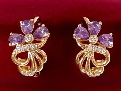 Luxus Ohrringe Creole Zirkonia Kristall Blume Lila Rolled Gold 18K vergoldet - Bild 1 von 4