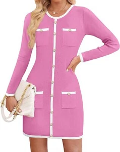 ZESICA Fall Dresses for Women 2024 Long Sleeve Button Color Block Knit Bodycon S - Picture 1 of 16