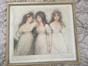 Antique English Lithograph Portrait Three Graces/Sisters Signed Bottom Right - Picture 1 of 7