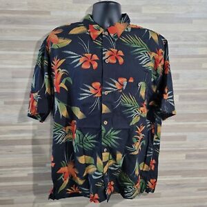 Joe Marlin Hawaiian Shirt Sz XL Bromeliad Floral Black/Orange Coconut Button SS