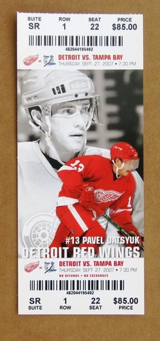 Red Wings Pavel Datsyuk Wings ticket stub dated Sept 27, 2007 - $85 Suite Cup Yr Cover