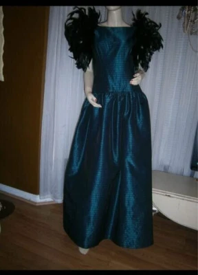 Victor Costa Vestido Pluma Negro Seda Turquesa Años 80 Foto 1 de 4