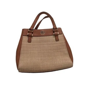 Elegant Anne Klein Two-Tone Woven Handbag with Leather Trim and Gold Accents - Picture 1 of 11