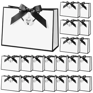 20 Sets Large Bow Ribbon Thank You Gift Bags 11x8x4" Wedding Birthday Black - Picture 1 of 6