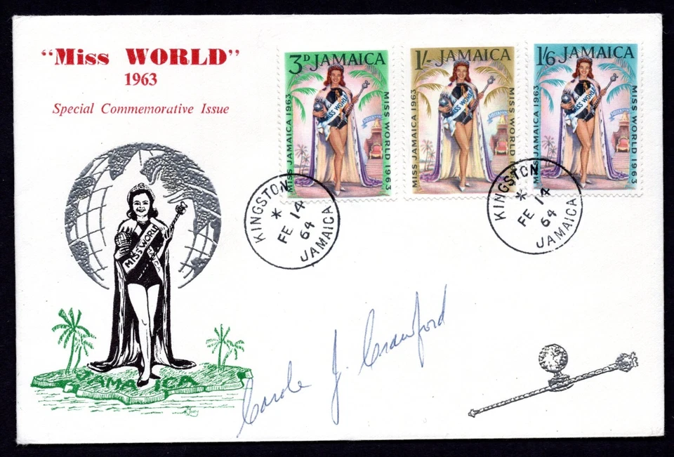 Jamaica 1963 autógrafo de Miss Mundo 1963 Carole Crawford con Kingston FDC Foto 1 de 2