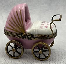 Peint Main Limoges PINK Baby Pram with Baby Figurine Trinket Box