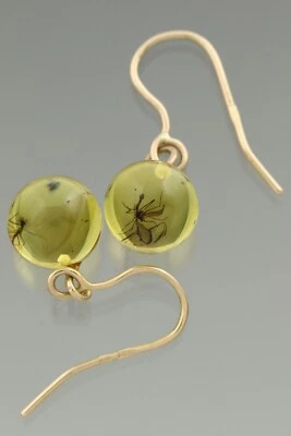 Pendientes de cuentas redondas genuinos ámbar báltico oro 14k insectos fósiles 2g 200819-7 Foto 1 de 4