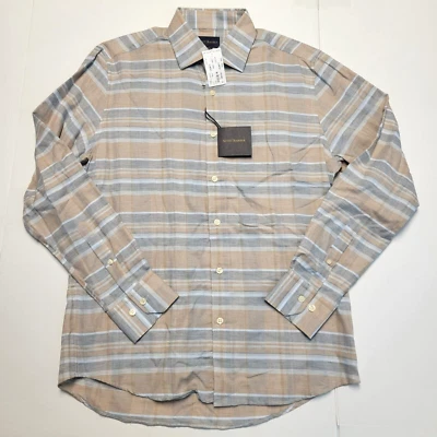 $185 New SCOTT BARBER Check Cotton CASHMERE Button Shirt Men MEDIUM M Beige Gray - Imagem 1 de 4