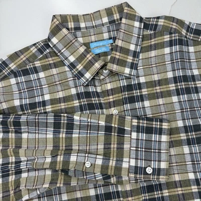 J McLaughlin Linen Blend Button Up Shirt Mens Large Green Blue Plaid Trim Fit - Image 1 of 4