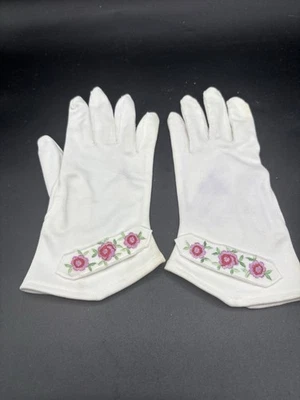 Vintage Off White Gloves Embroidered With Pink Flowers - Kayzer Cotton Size 6.5 - Image 1 of 4