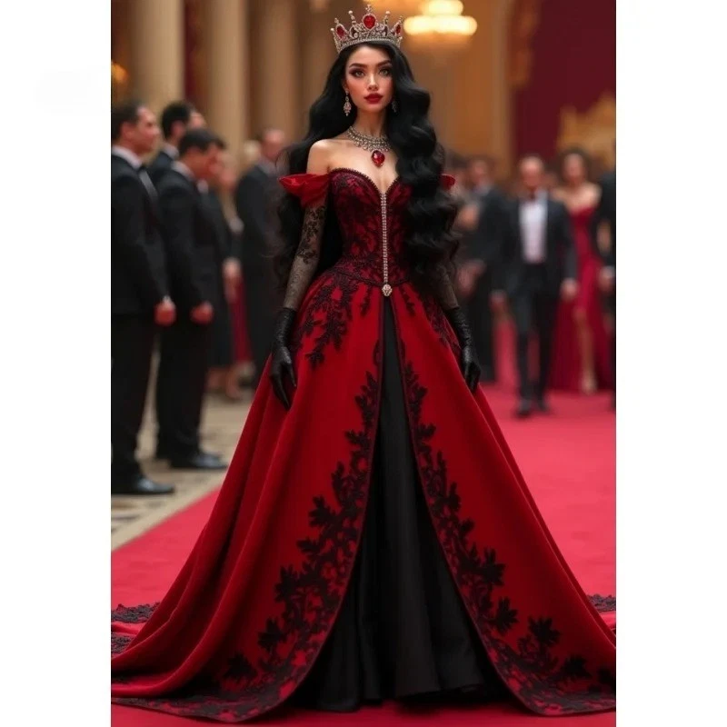 Gothic Red And Black Princess Wedding Dress Lace Appliques Corset Bridal Gown - Image 1 of 4