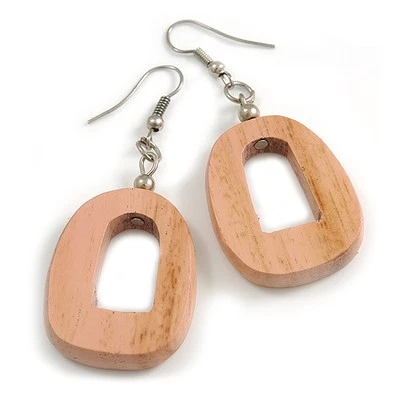 Pink Washed Wood O-Shape Drop Earrings - 55mm L - Image 1 of 4