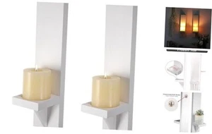 Set of 2 Wooden Wall Candle Sconces Wall Candle Holders Rustic Wall White - Picture 1 of 8