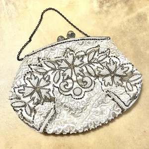 Anne Marty Vintage Beaded Purse, Paris France White Evening Bag Hand Handle - Picture 1 of 13