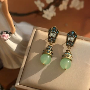 Earrings Clip On Golden Art Deco Rhinestone Turquoise Pearl Jade Green EH5 - Picture 1 of 9