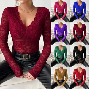 Womens Sexy Lace T Shirt Tops See Through Long Sleeve Slim Fit Blouse Clubwear - Picture 1 of 26