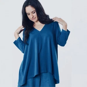 Bryn Walker Blue V Neck Bamboo Organic Cotton Top Relaxed Lagenlook Artsy Sz S - Picture 1 of 7