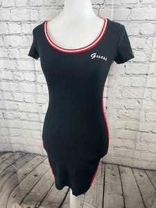 GUESS Dress Womens XS Black Ribbed Midi Short Sleeve Scoop Neck Pullover Stretch - Picture 1 of 8