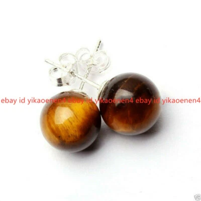 New Beautiful 10mm Natural African Tiger's Eye Sterling 925 Silver Stud Earrings - Image 1 of 4
