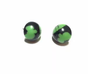 Black and Green Batik Vintage Lucite Small Retro Button Stud Earrings - Picture 1 of 5