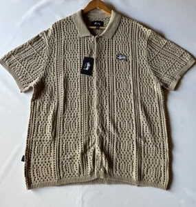 Stussy Crochet Shit Mens Large Cotton Short Sleeve Khaki Button Up New - Picture 1 of 13