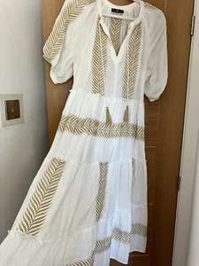 F&F Cotton White/gold Maxi Dress Size 14 new - Picture 1 of 8