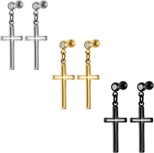 Men's Womens Hollow Cross Dangle Earrings, Stainless Steel Cross Stud Hinged Ear - Picture 1 of 7