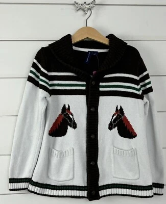 Cárdigan Suéter Cuello Chal Ecuestre Marrón Blanco JANIE & JACK Talla 6 Caballo Foto 1 de 4