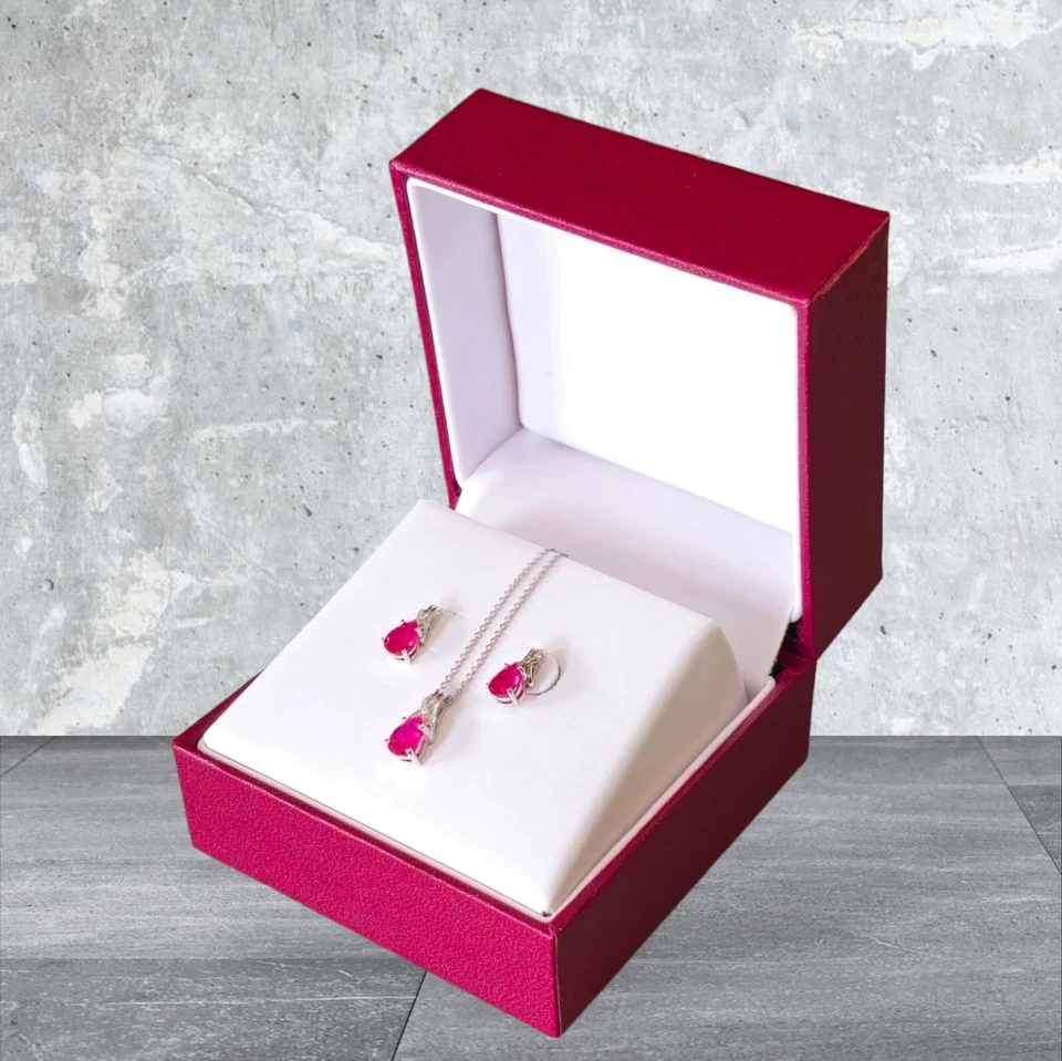 FINE 925 STERLING SILVER NECKLACE PENDANT & EARRING LAB CREATED DIAMOND & RUBY - Image 1 of 1
