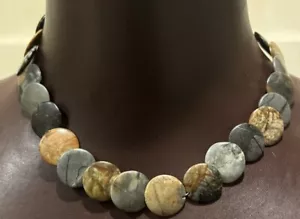 Agate Marble Stone Necklace Choker Flat Disc Beads Vintage Variegated 16” - Picture 1 of 5