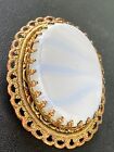 Antique Swirled White & Blue Glass Prong Set Costume Jewelry Brooch W Germany