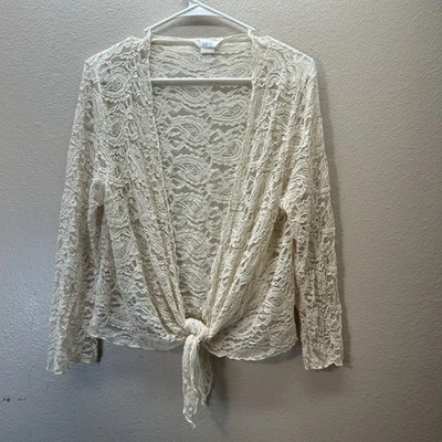 Kaktus Sheer Ivory All Over Lace Tie front Cardigan Coquette Fairycore Y2K Sz L - Image 1 of 4