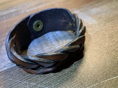 Pulsera de cuero marrón oscuro trenzada vintage 9 pulgadas cierre a presión unisex Foto 1 de 4