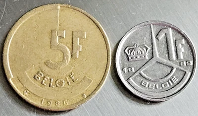 Belgium 2-Coin Lot: 1986 5 Francs; 1989 1 Franc Dutch Writing Brussels Mint - Image 1 of 2