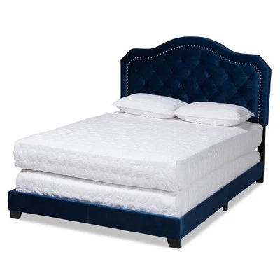 Baxton Studio Samantha Queen Size Navy Blue Velvet Upholstered Button Tufted Bed Foto 1 de 4