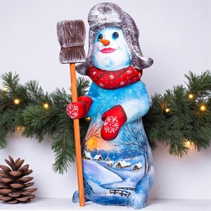 Handbemalter Schneemann aus Holz 9 Zoll - Winterregal Akzent mit Besen, Volkskunst - Bild 1 von 13