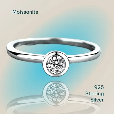 5mm Bezel Set Solitaire Round Moissanite Engagement Ring 925 Sterling Silver - Image 1 of 4