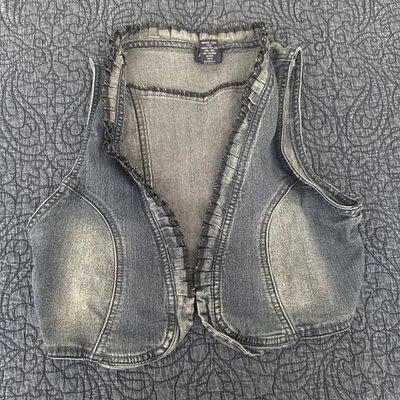 Chaleco Top Vintage Azul Asfalto Lavado Med Volantes Cuello en V Cierre Peso Ligero Denim Foto 1 de 4