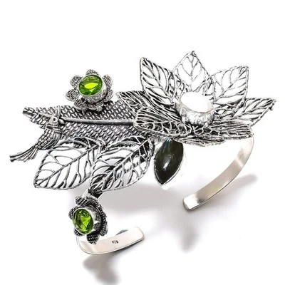 Natural Labradorite, Peridot Gemstone 925 Sterling Silver Cuff Bangle Adj. z511 - Image 1 of 4