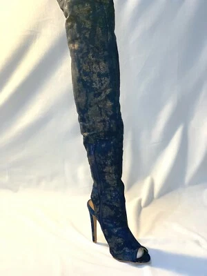 Blue & Gold Sexy Thigh High Boots Peep Toe New Size 6, 6.5, 7,7.5, 8, 8.5, 9,10 - Image 1 of 3