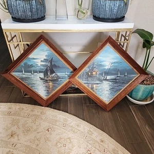 De Colección Par (2) Barcos Pintura 3D Filipinos Asiáticos Agua 19" Cuadrado Diagonal Leer - Imagen 1 de 22