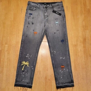 Nova Jeans Mens 37x33 Embroidered Palms Distressed Acid Wash NEW MEASURED SIZE - Picture 1 of 23