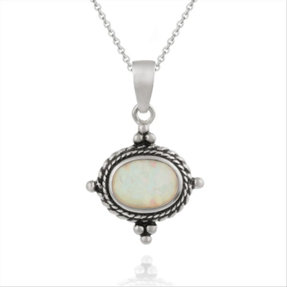 925 Silver Lab Created Feiry White Opal & Bali Design Oval Necklace - Image 1 of 1