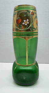 Antique Czech Bohemian Art Nouveau 9" Green & Gold Glass Vase Strawberry Flower - Picture 1 of 12