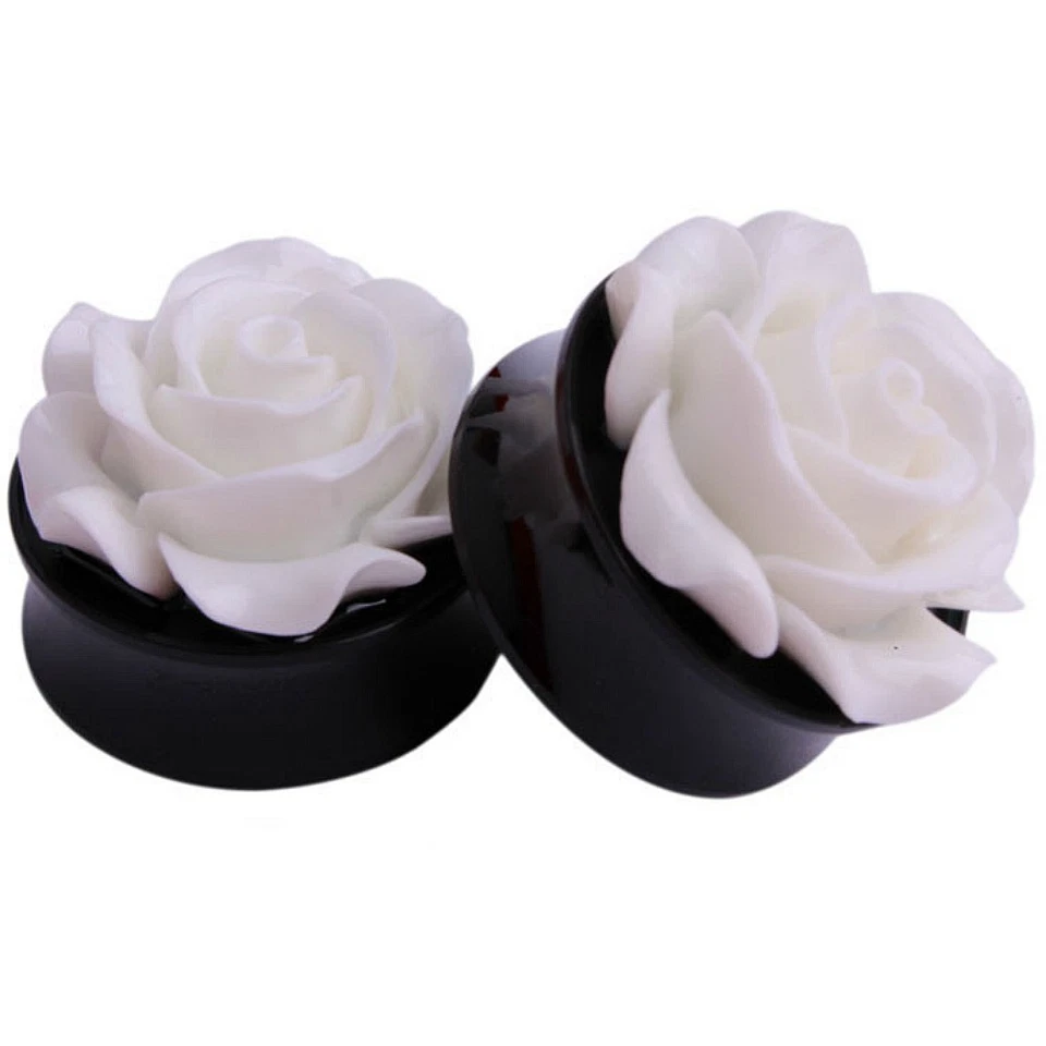 8MM-22MM 3D ROSEN OHR PLUG TUNNEL FLESH ROSE BLUME OHRRING PIERCING WEIß WEISS - Bild 1 von 1