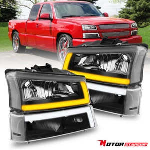 Black Headlights LED DRL Sequential Signal for 03-07 Chevy Silverado Avalanche - Picture 1 of 18