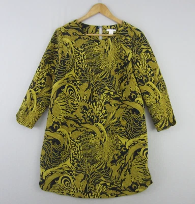 H&M Dress Womens 14 Yellow Black Paisley Straight Shift Retro Short Boho Event - image 1 of 4