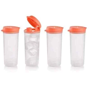 New Tupperware THIRST 'N GO FLIP TUMBLERS Sheer with Peach Seals Tops Set Of 4 - Picture 1 of 1