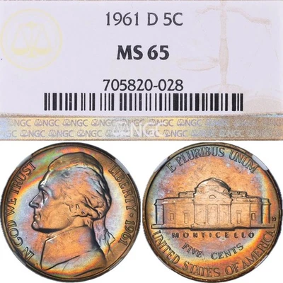 MS65 1961-D 5C Jefferson Nickel, NGC Certified- Pretty Rainbow Toned - Image 1 of 4